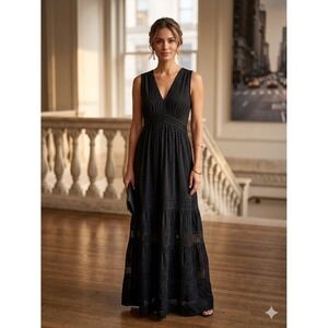 LINI Black Polka Dot Lace Trim V-Neck Tiered Maxi Dress Sleeveless Gown